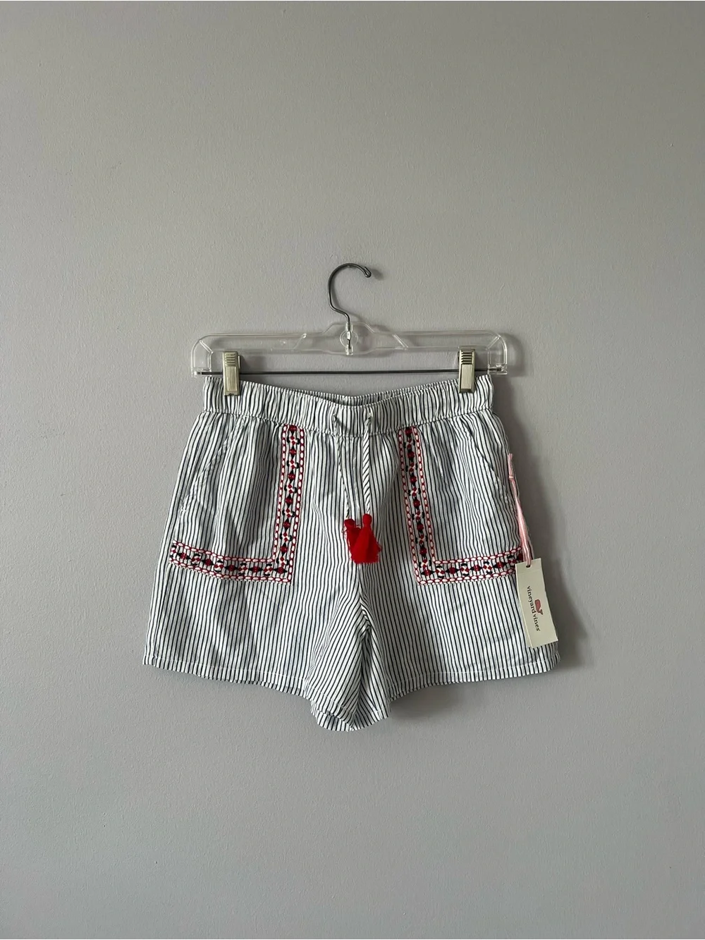 Vineyard Vines Navy & White Striped Kids Shorts with Red Tassel Accent